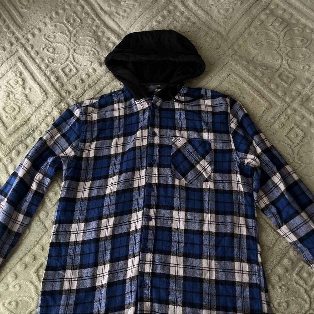Blue and Black Plaid Hooded Shirt